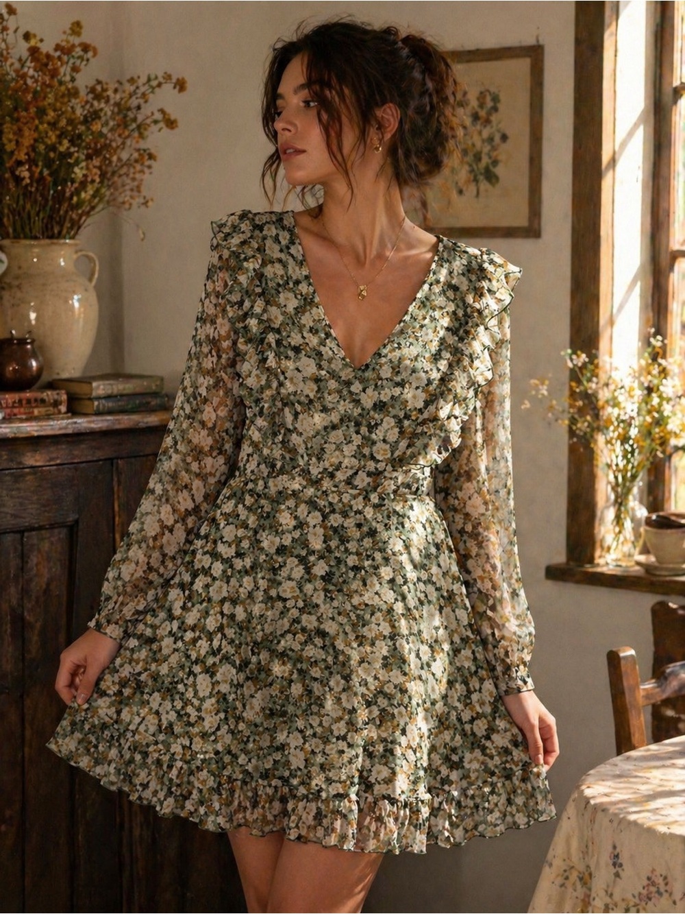 Vero Moda Floral Sheer Sleeve Mini Dress Medium Cottagecore Romance Flowy